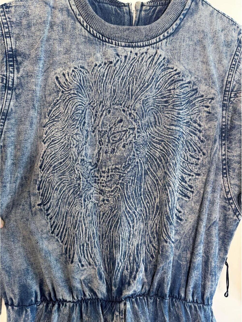 Vintage 80s Acid Wash Denim Dress with Lion Embossing